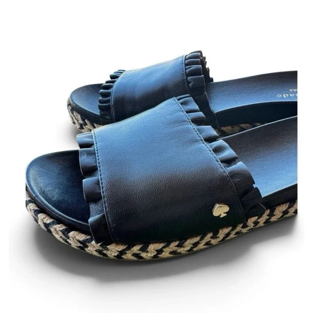 Kate Spade Zahara Sandals Black Leather Slip-On Slide Espadrille Sz 7 1/2 w/Box